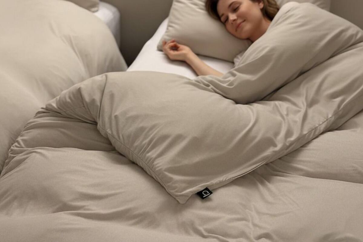 Ein Bett mit einer Person, die in einer beigen Decke liegt, einem Kopfkissen und einer Fernbedienung.