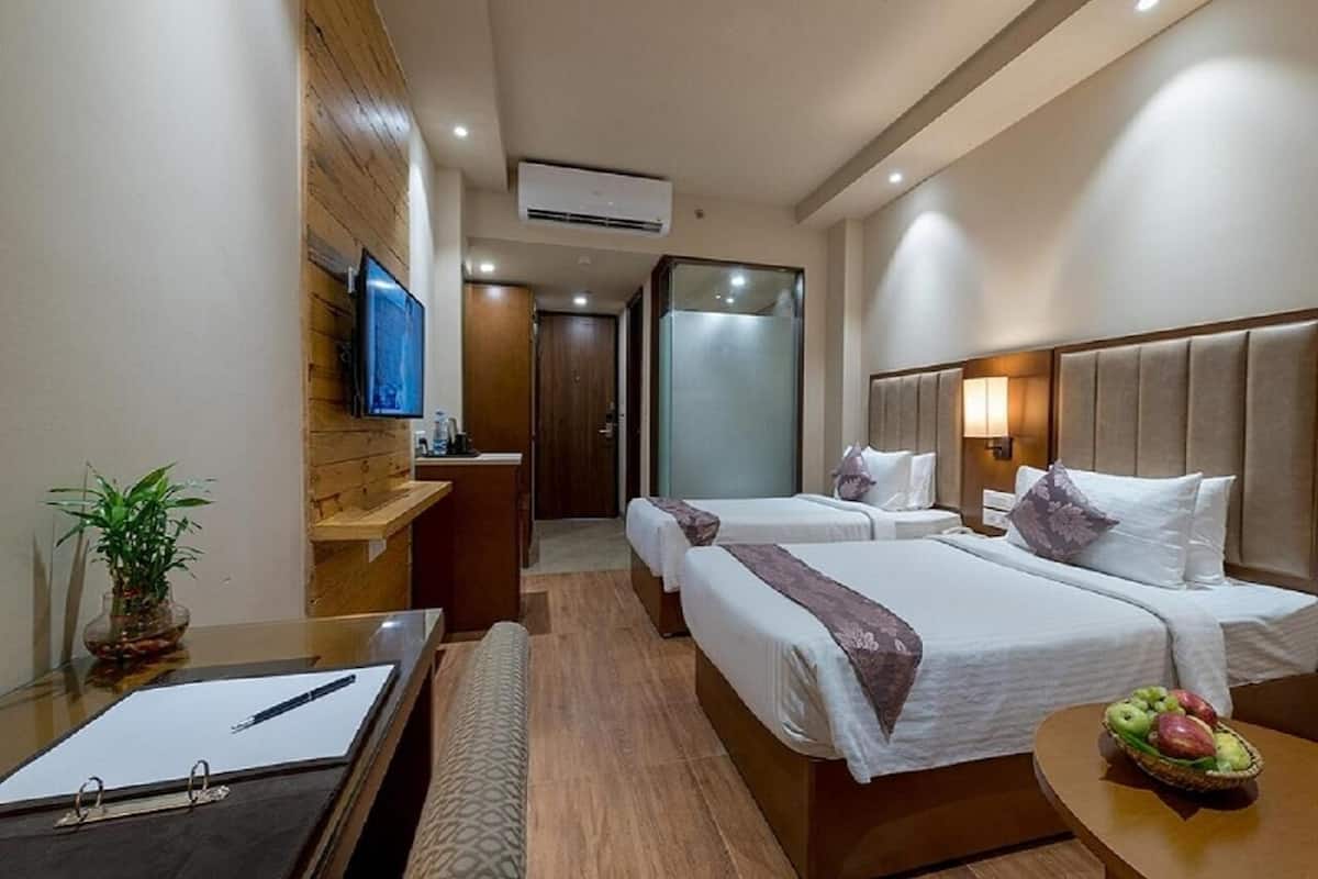 Habitación de hotel con dos camas, un escritorio con ordenador, televisor y una planta pequeña.