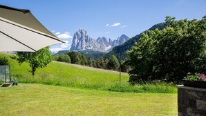 A grassy outdoor area with a stone wall and a potted plant. - Apartment 'Lara Siela' with Mountain View, Private Terrace and Wi-Fi (St. Ulrich)