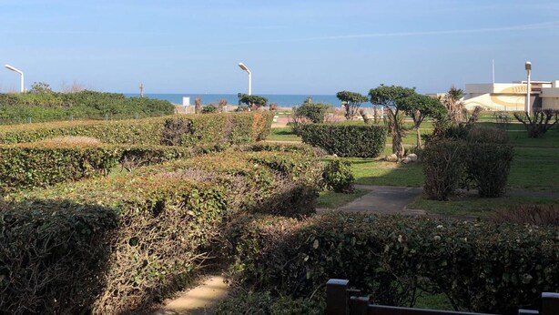 A landscaped garden with pathways, hedges, and a view of the sea.