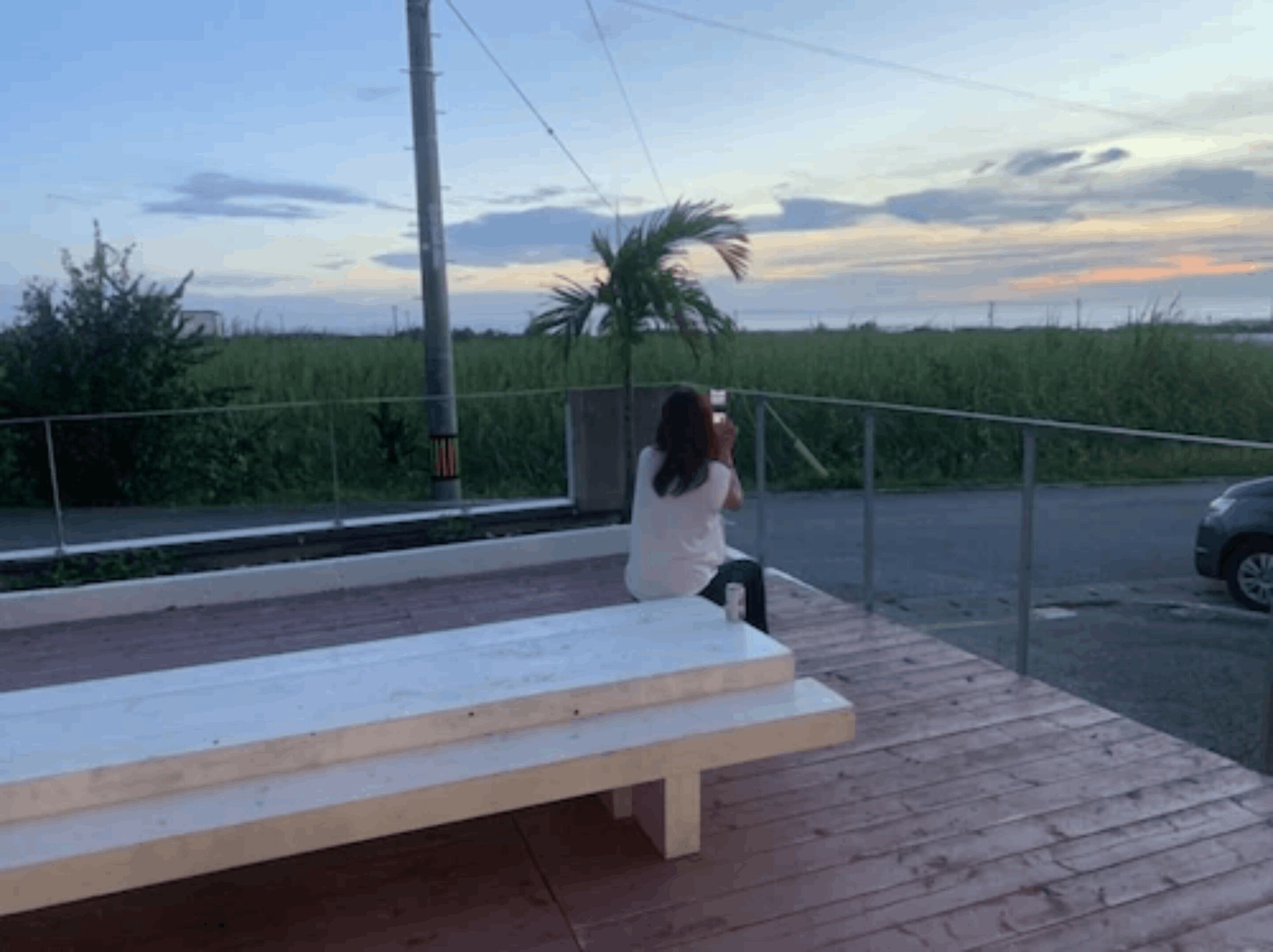 A person sitting on a bench outdoors, taking a photo.