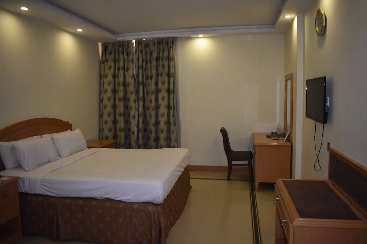 A hotel room with a bed, a desk, a chair, a television, and a curtain.