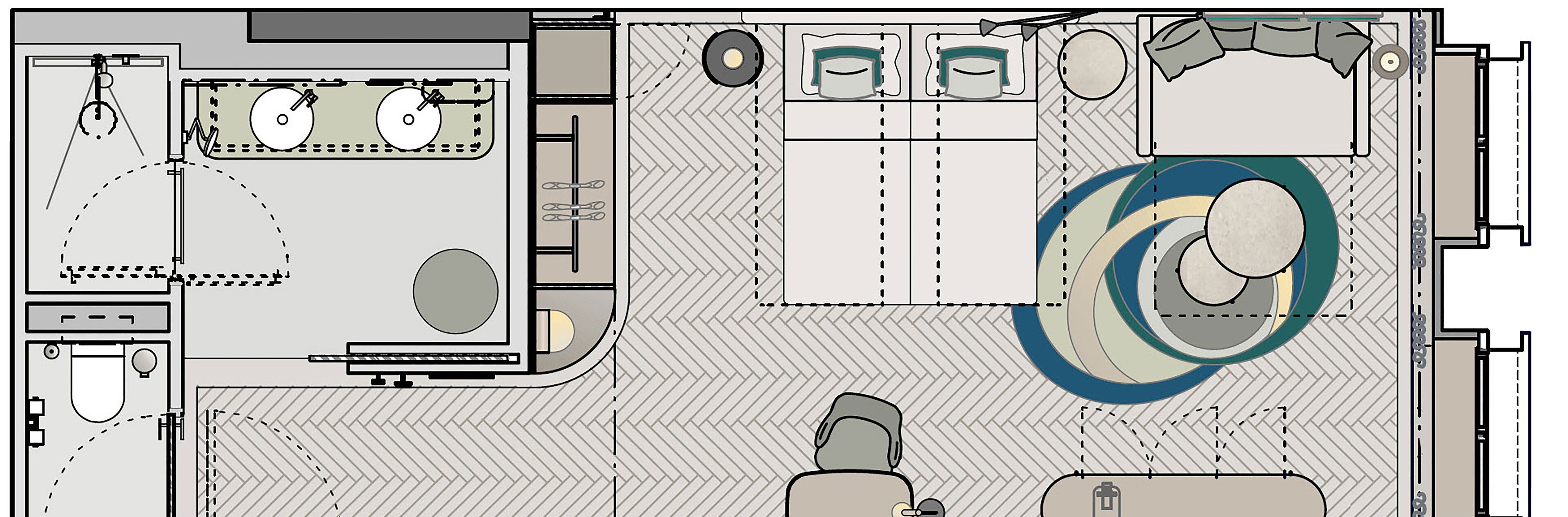 A hotel room layout with a bed, two bedside tables, a desk, and a chair.