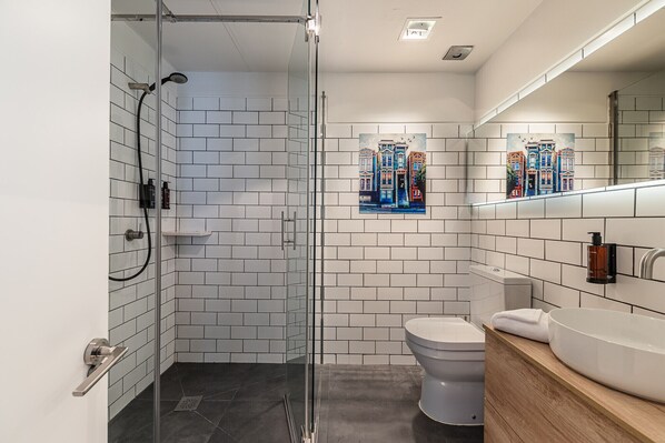 Shower, hair dryer, towels