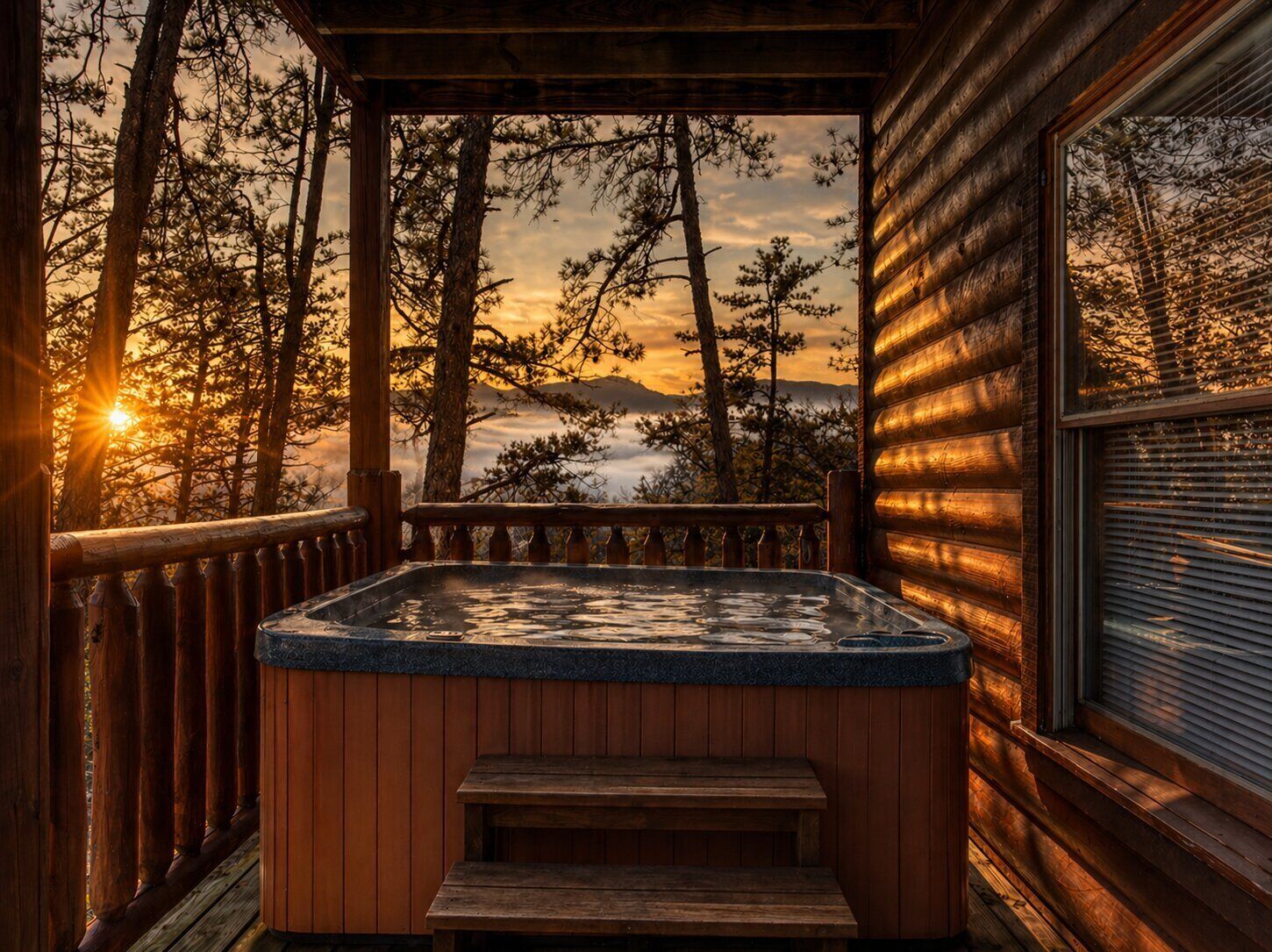 A wooden cabin with a hot tub, wooden deck, and a view of trees and mountains.