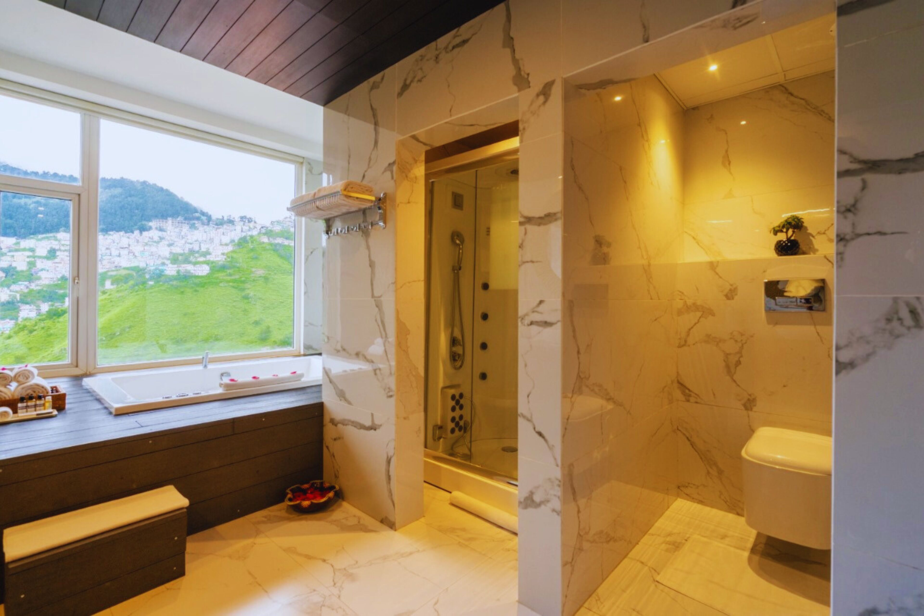 A modern bathroom with a marble floor, a glass-enclosed shower, a toilet, and a window overlooking a green landscape.