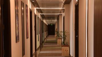 A long, well-lit hallway with framed pictures on the walls, a patterned carpet, and potted plants.