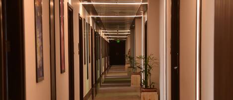 A long, well-lit hallway with framed pictures on the walls, a patterned carpet, and potted plants.