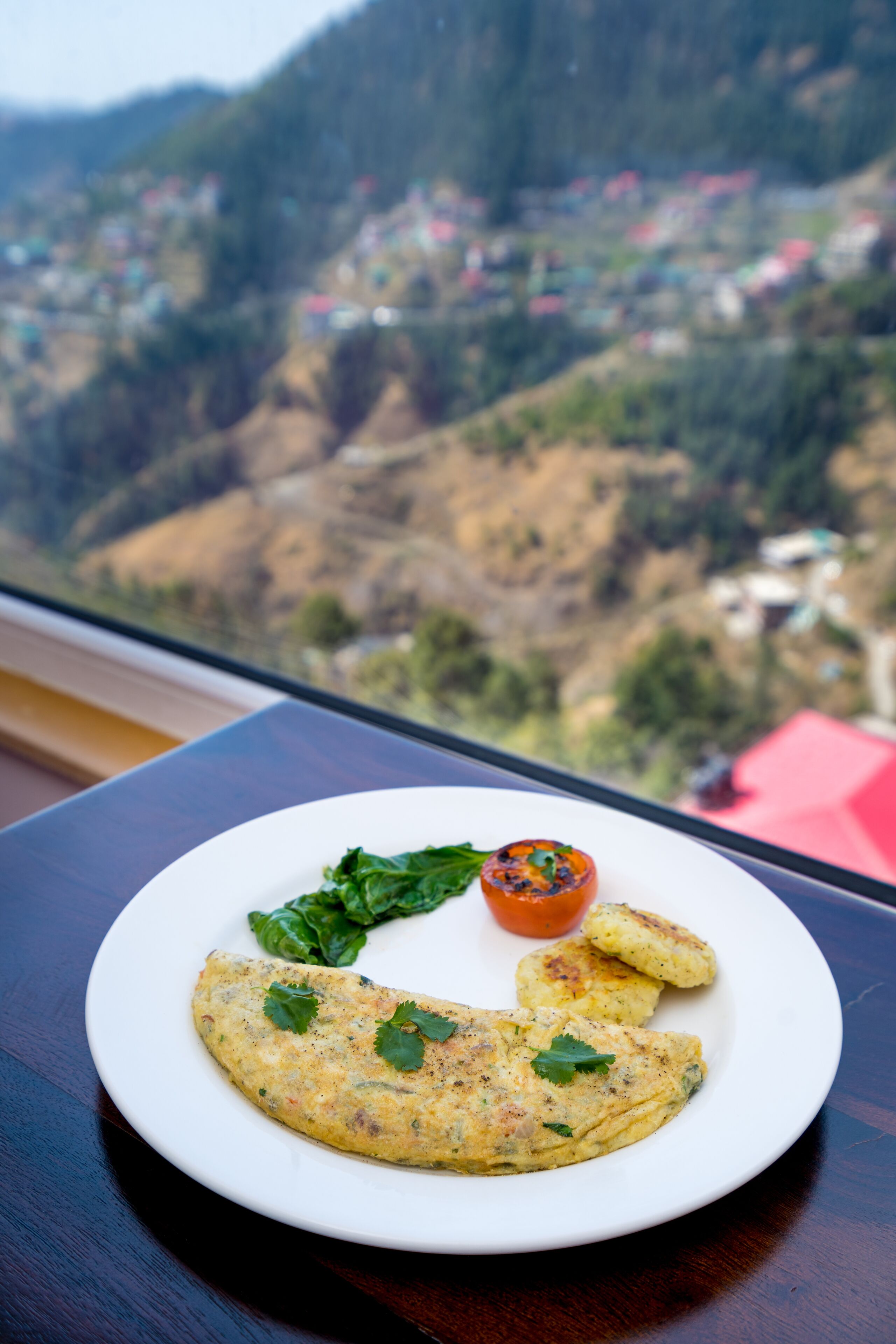 A plate of food with a view of a mountainous landscape through a window.