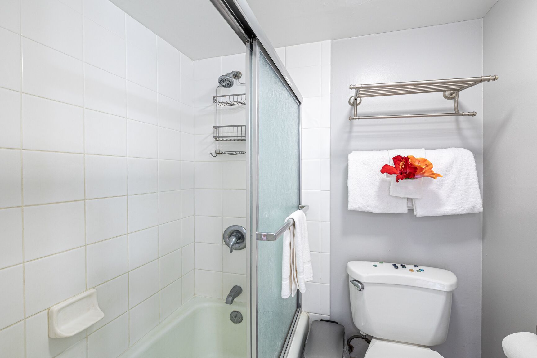 Une salle de bain moderne avec une douche à parois de verre, des toilettes et un porte-serviettes avec des serviettes.