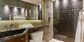 Hair dryer, towels, soap, shampoo
