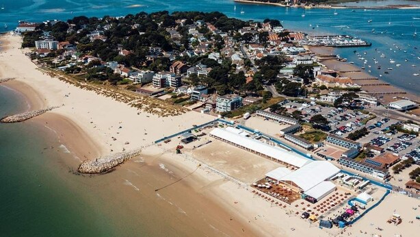 An aerial view of a coastal town with a beach, a marina, and residential buildings. - Fisherman's-Terrace (Tardis) Old RNLI & Crabbing Area Free Secure Parking (Poole)