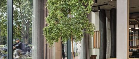 Una sala de reuniones moderna con una gran mesa, sillas verdes, un ordenador portátil y una planta en maceta.