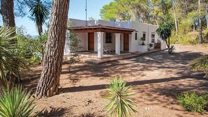 A single-story house with a patio, surrounded by trees and plants. - Casa para familias en Ibiza (Sant Josep de Sa Talaia)