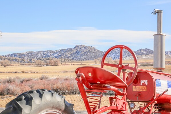 A red tractor with a large tire in a rural landscape with mountains in the background.