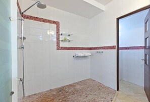 Hair dryer, towels, soap, shampoo