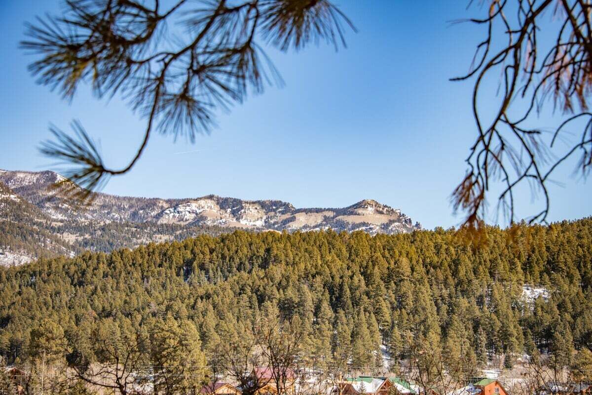 Un paisaje montañoso con bosques densos y algunos edificios al pie.