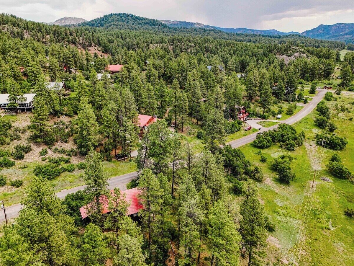 A rural landscape with scattered houses, roads, and dense forests.