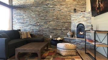 Smart TV, fireplace, books