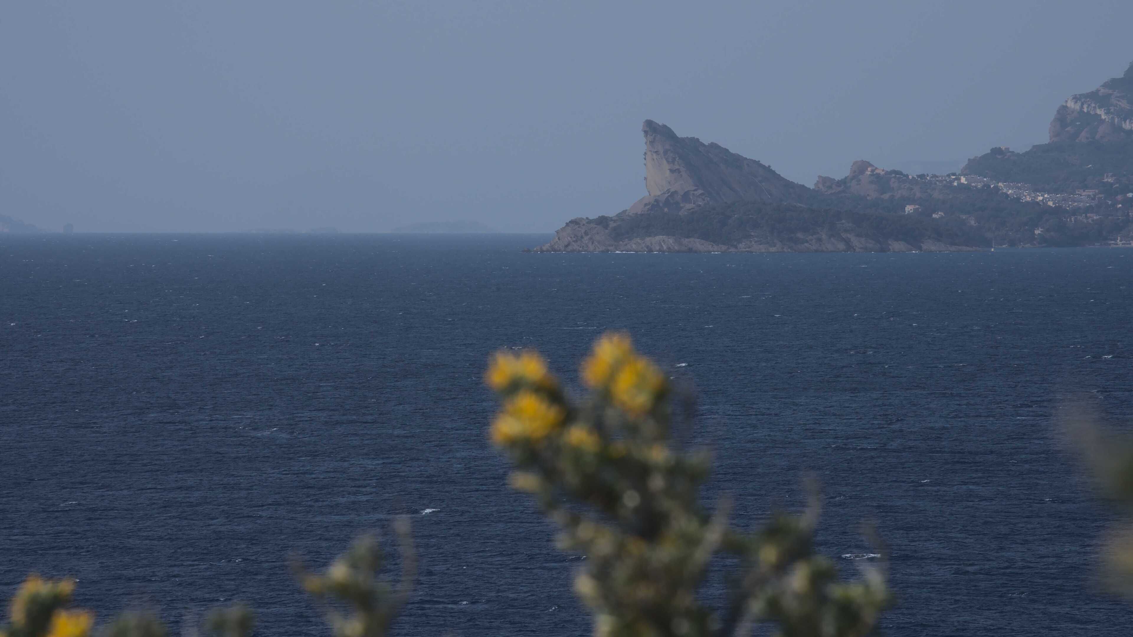 A coastal landscape with a prominent rocky outcrop and a body of water.