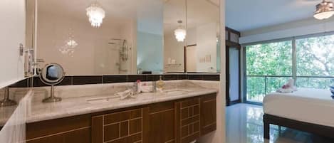 Hair dryer, towels, soap, shampoo