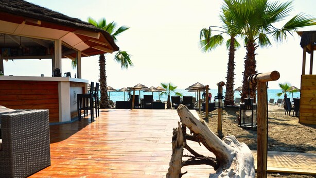 Terraza de madera con sillones de descanso y sombrillas, palmeras y vistas a la playa.