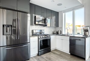 Fridge, microwave, oven, dishwasher