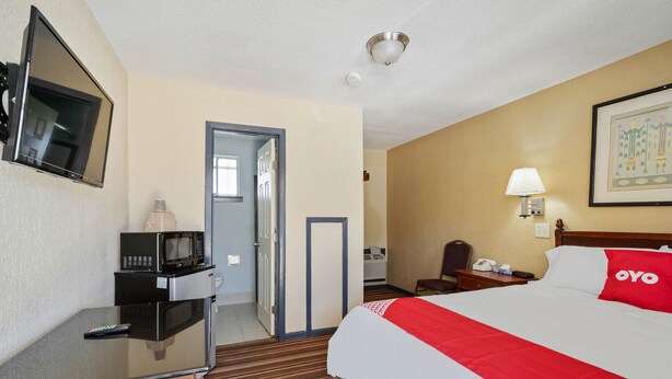 A hotel room with a bed, a desk with a microwave, a TV, a door, a nightstand with a lamp, and a framed picture on the wall. - OYO Hotel Luling TX Downtown I-10/US-90 (Luling)