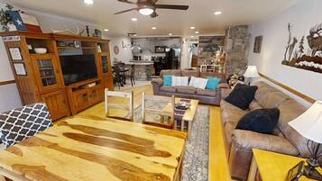 Flat-screen TV, fireplace