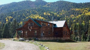 A rustic log cabin with a metal roof, set against a backdrop of a forested mountain. - Dwyer's Den - Upper Valley - Rustic Interior and Decor - Near The River - Satell (Red River)