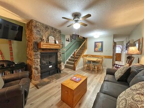 TV, fireplace, DVD player, books