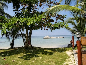 Escena de playa tropical con palmeras, una terraza de madera y vista despejada al océano.
