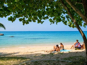 Escena de playa con agua azul cristalina, una orilla arenosa y algunas personas relajándose bajo un árbol.