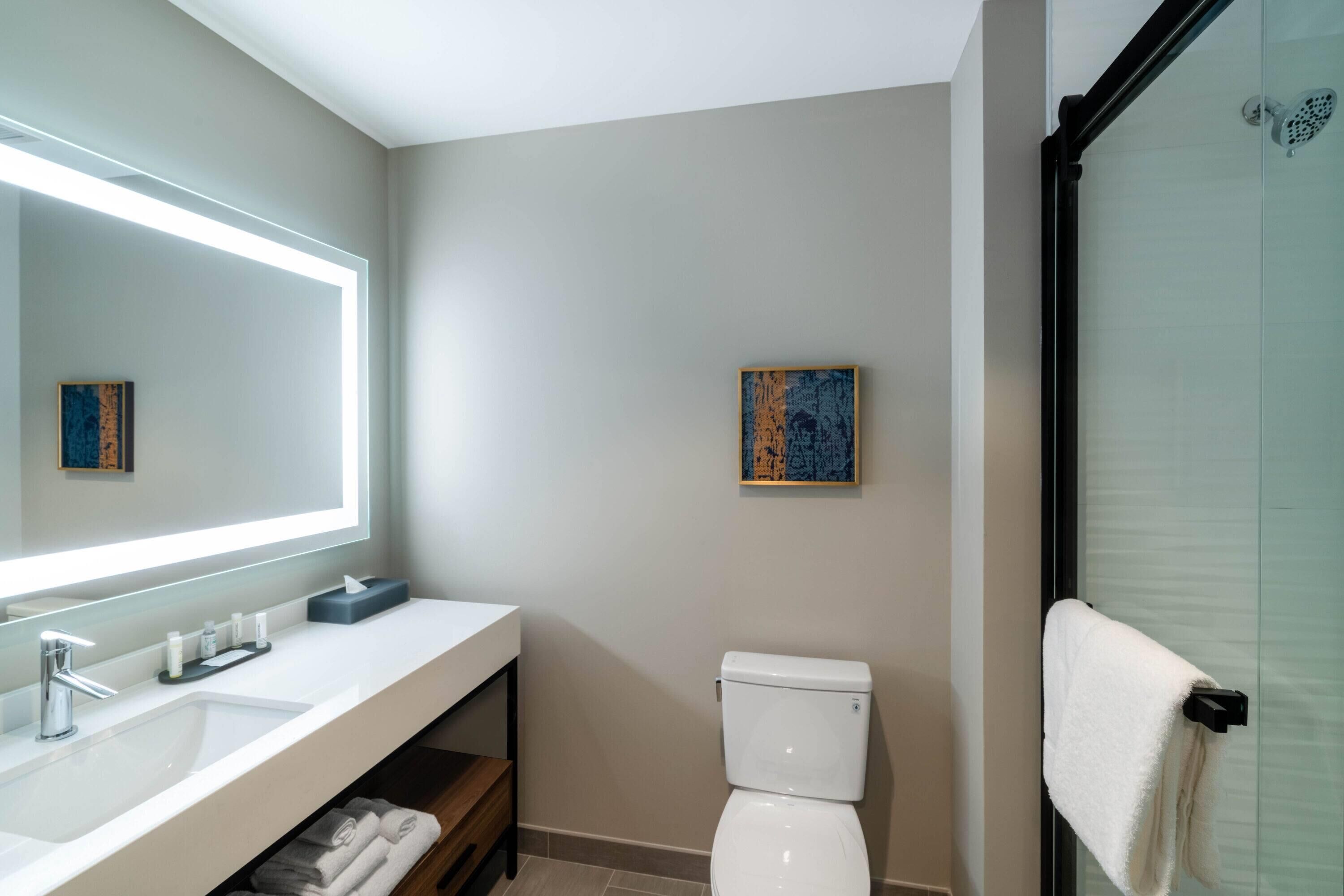 A modern bathroom with a large mirror, a white sink, a toilet, and a glass shower enclosure.