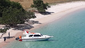 Un bateau était amarré sur une plage bordée d’une eau claire, d’un rivage sablonneux et de quelques arbres.