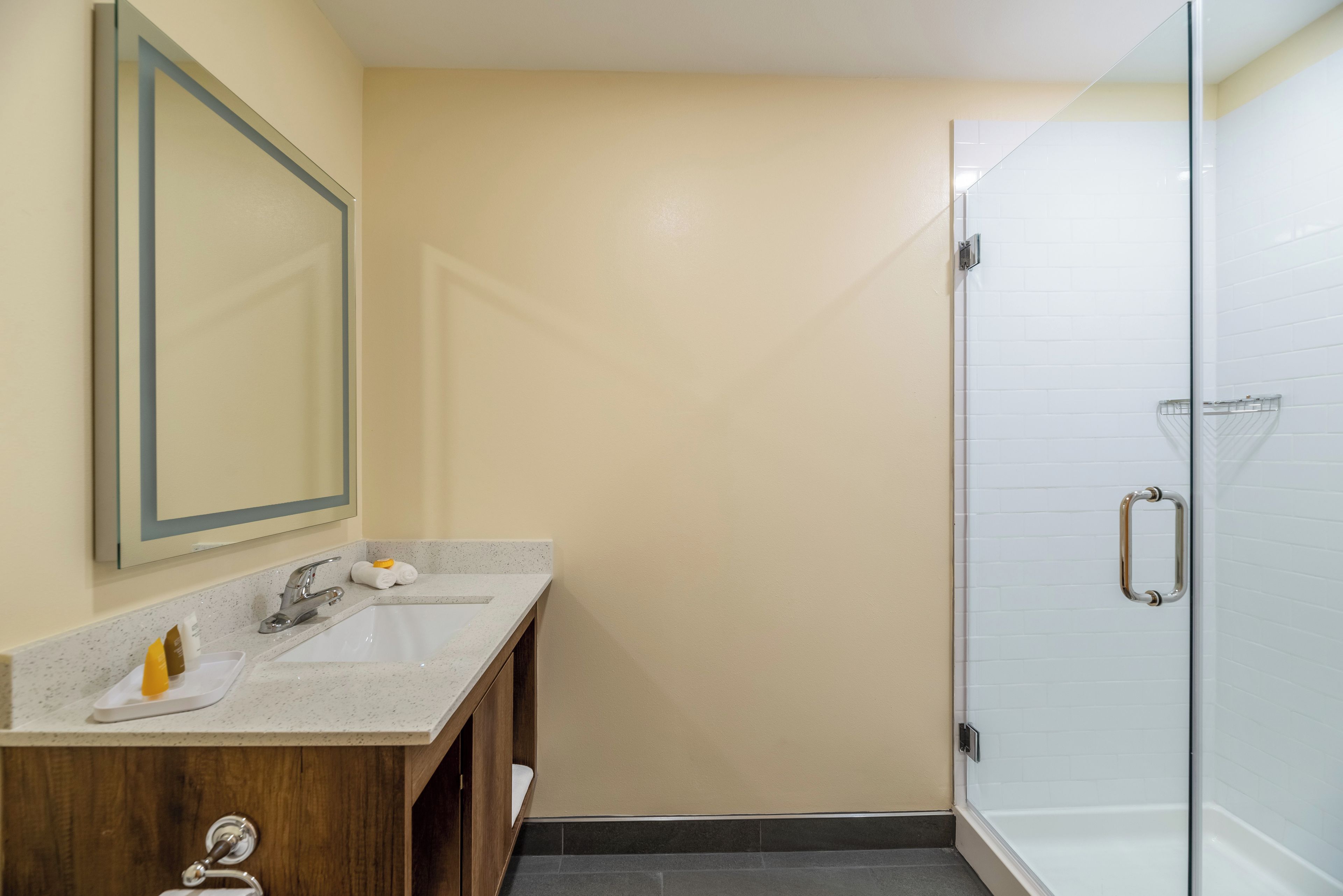 A bathroom with a double sink vanity, a mirror, and a glass-enclosed shower area.