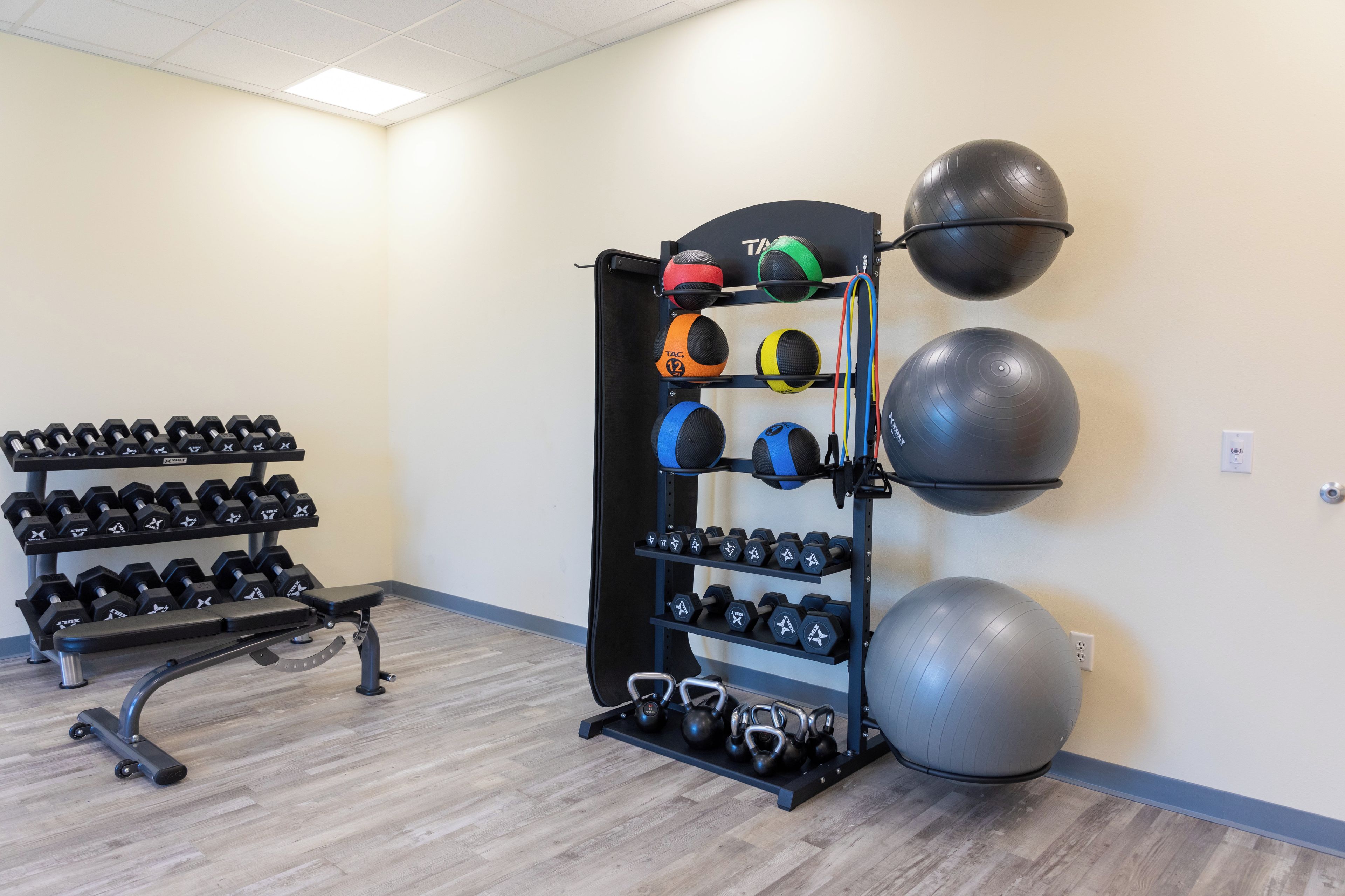 Un gimnasio con diversos equipos de ejercicio, incluyendo mancuernas, kettlebells y pelotas de ejercicio.