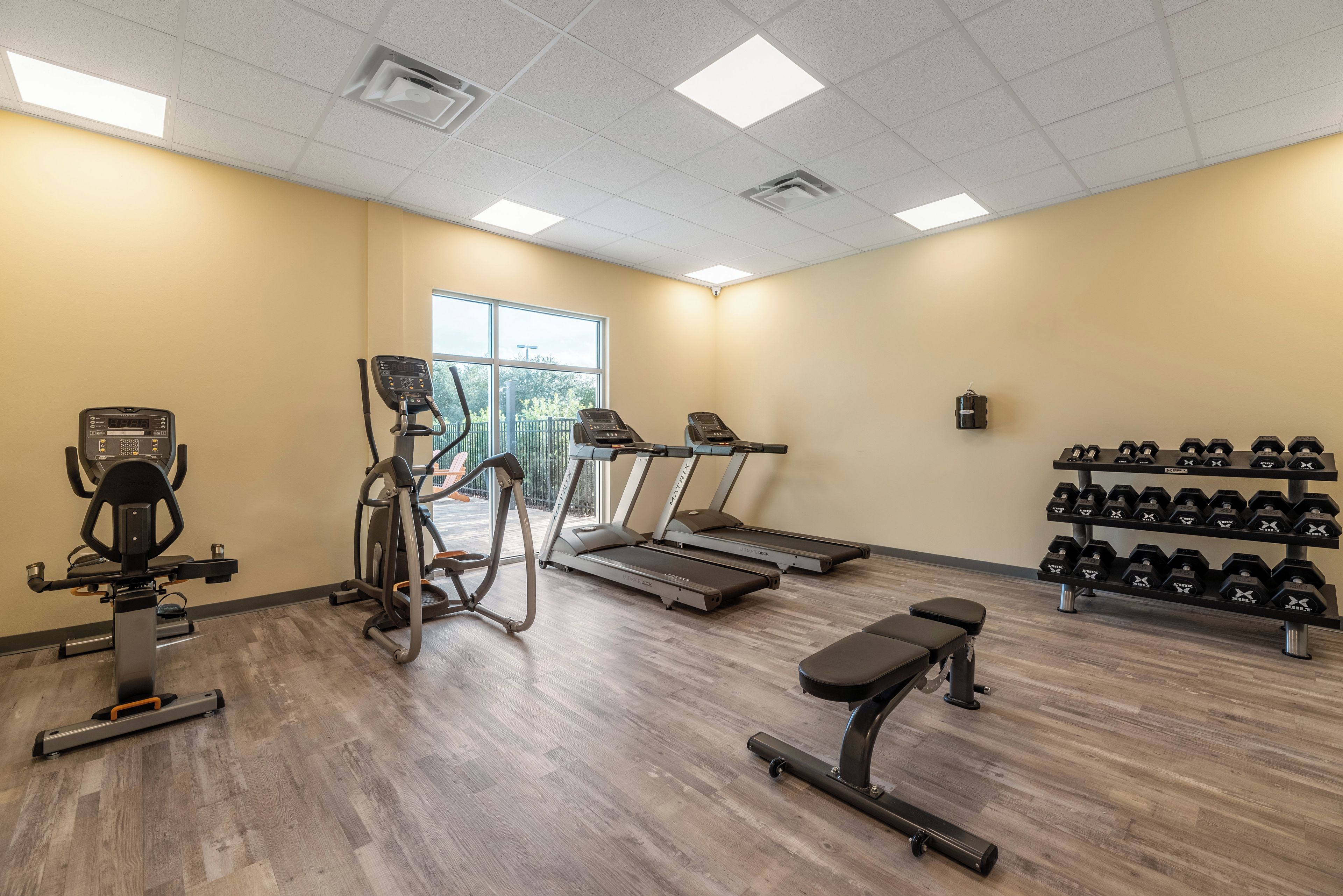 A gym with treadmills, an elliptical, a bench, and a rack of dumbbells.