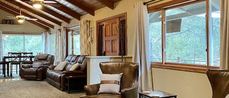 Smart TV, chimenea, libros