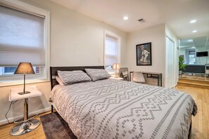 1 bedroom, desk, iron/ironing board, bed sheets