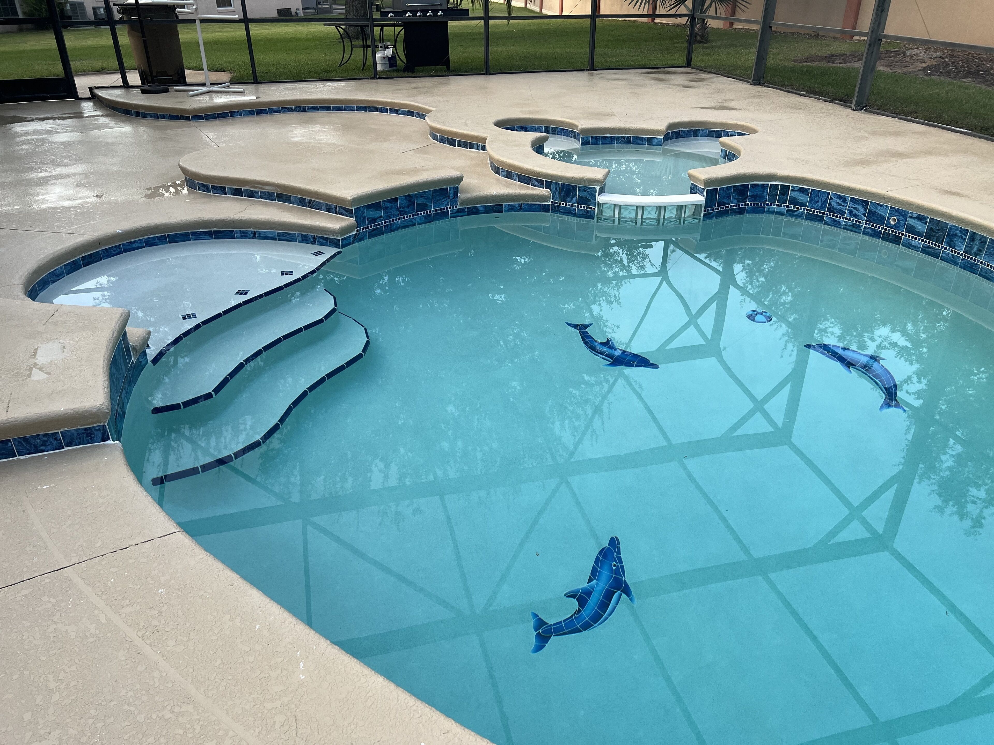 A swimming pool with a unique design, featuring a central water feature and dolphin-shaped floats.