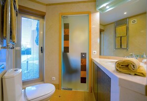 Bathroom features a glass shower enclosure, a toilet, and a sink area with a towel.