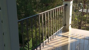 Een balkon met een metalen hekwerk, plantenbakken en uitzicht op een beboste heuvel.