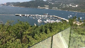 Un puerto deportivo con barcos amarrados, rodeado de vegetación y colinas al fondo.