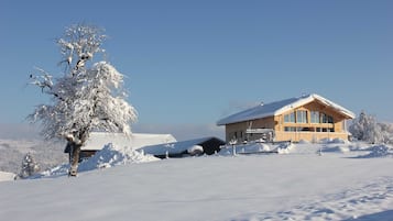 Un paysage enneigé avec une cabane en bois et un arbre chargé de neige.