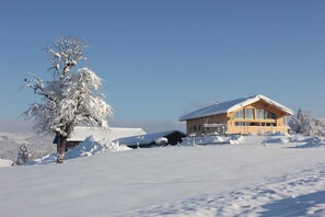 A snow-covered landscape with a wooden cabin and a snow-laden tree. - Double room Hochhäderich - Nahturhof - Urlaub.Natürlich.Erleben. (Krumbach)