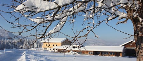 A snow-covered landscape with a building that has multiple rooms and a covered outdoor area.