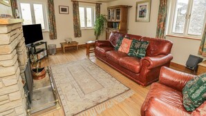 A living room with a leather sofa, a television, a fireplace, and a bookshelf. - The Smithy (Richmond)