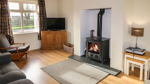 A living room with a fireplace, a television, and a sofa. - Rosies Cottage (Bushmills)
