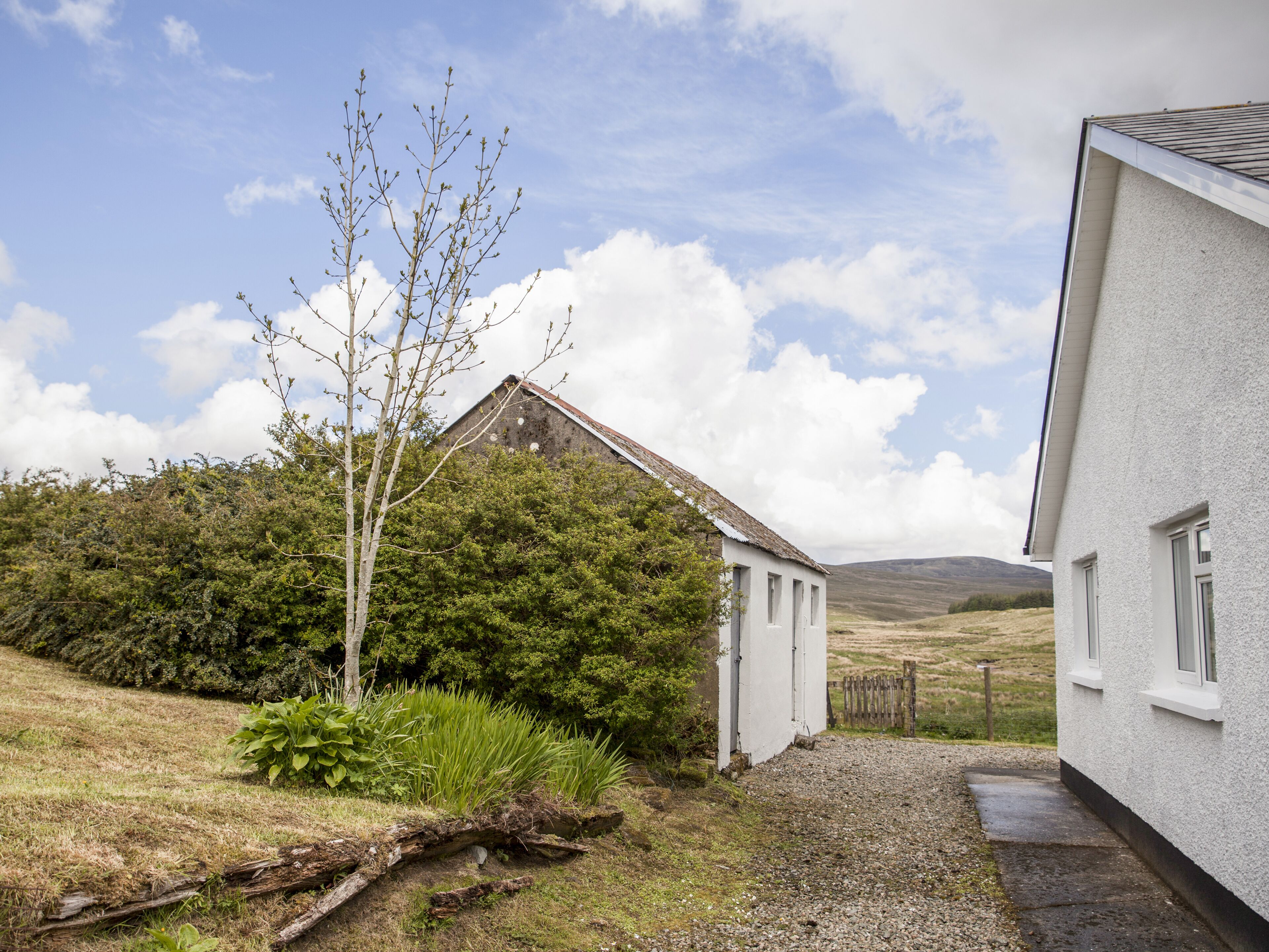A white building with a gravel driveway and a tree in the foreground.